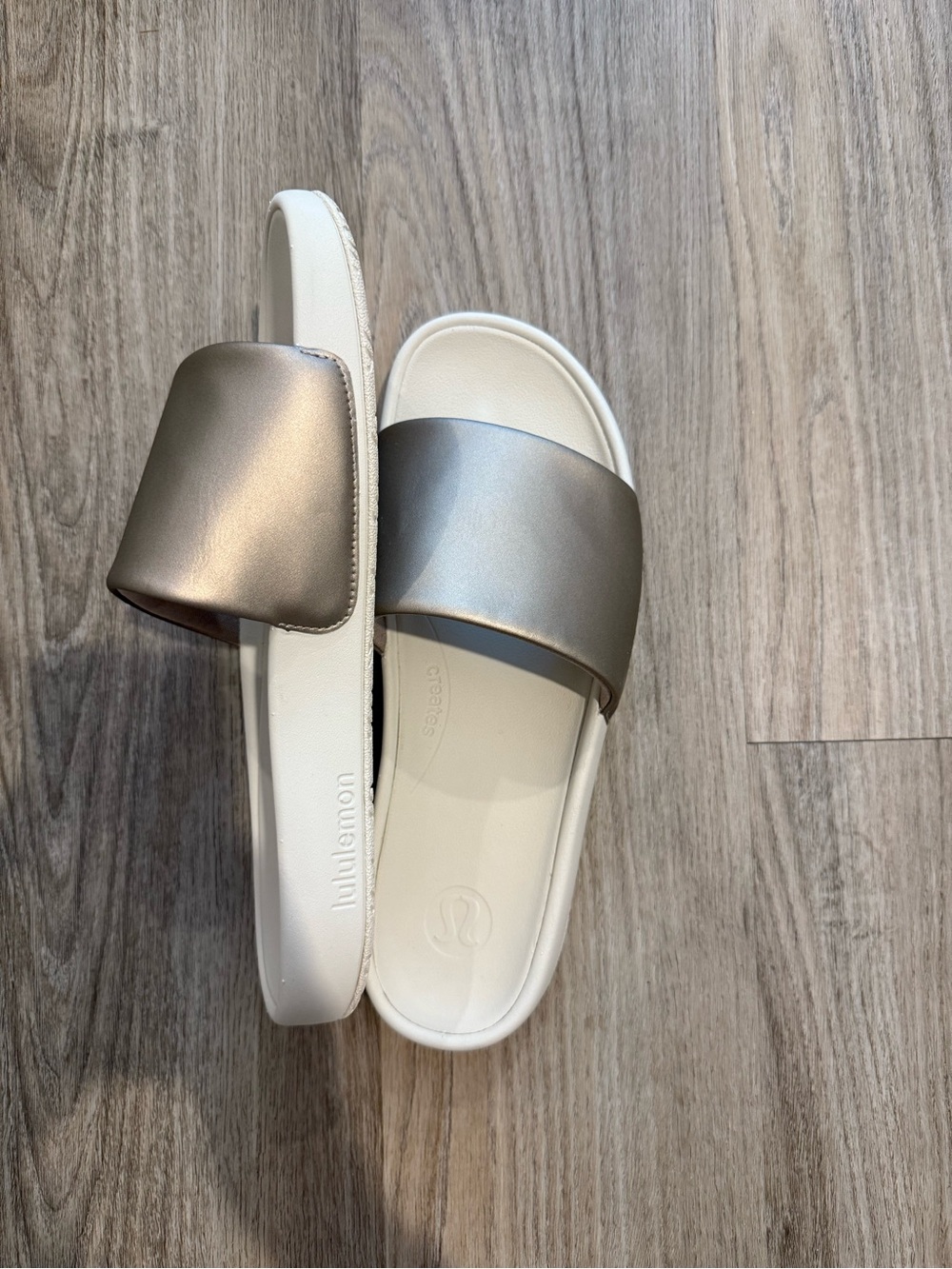 lululemon athletica Metallic Silver and White Slide Sandals